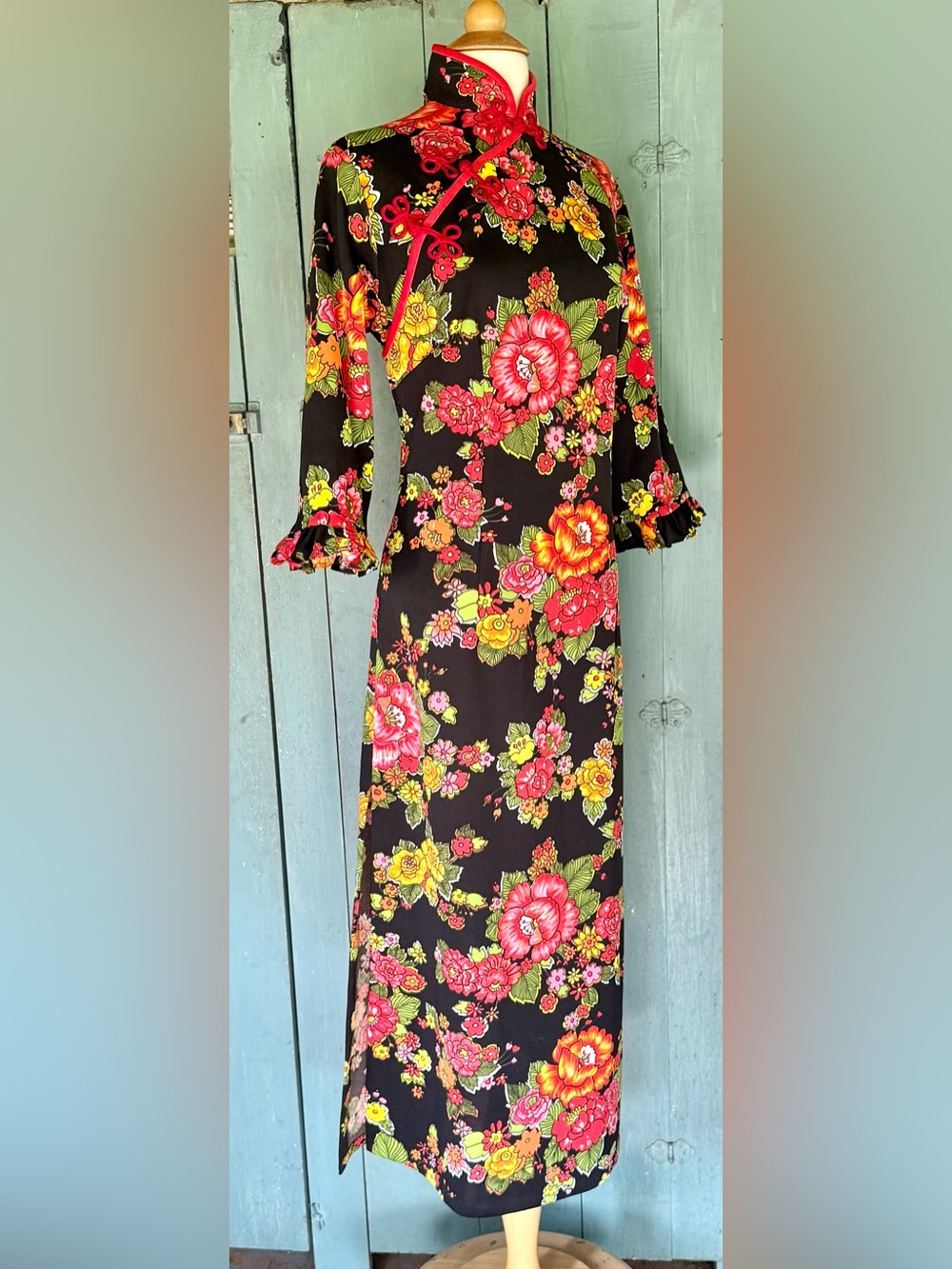 VTG 60s Soptra Psychedelic Cheongsam Qipao Dress Asian Mandarin Collar 3/4 Slv L